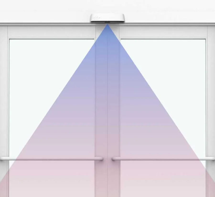 Diagram of a Dor sensor above double doors, its thermal field covering the full doorway.